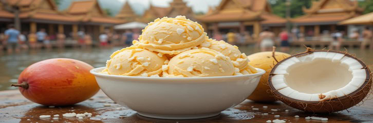 Celebrate Songkran With A Thai-Inspired Coconut & Mango Ice Cream featured image 2 637x1920w bowl of coconut and mango ice cream with fresh mango cococnut and water background Frosted Fusions