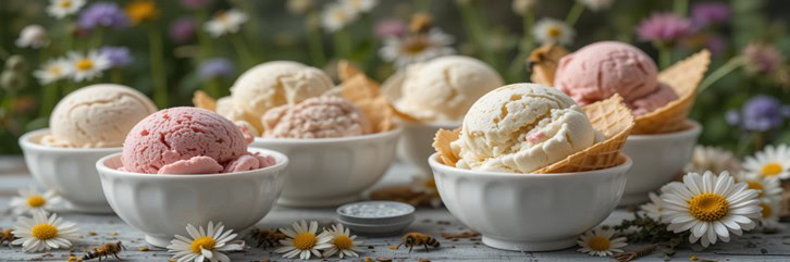 Bee Happy – A Celebration Of Bees, Honey & Ice Cream Featured Image 637x1920w bowls and waffle cones filled with honey with wildflowers and honey bees in background Frosted Fusions