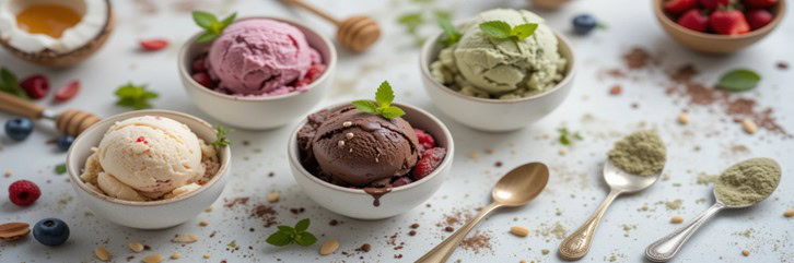 Healthy-And-Super-Easy-Homemade-Ice-Cream-Ideas-Recipes-Featured-Image-637x1920w-selection-of-fresh-bright-ice-creams-in-bowls-with-fresh-ingredients-Frosted-Fusions