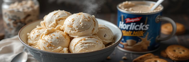 Homemade Malted Milk Ice Cream – Creamy, Crunchy, And Delicious featured image 637x1920w bowl of malted milk ice cream with pot of Horlicks in the background Frosted Fusions