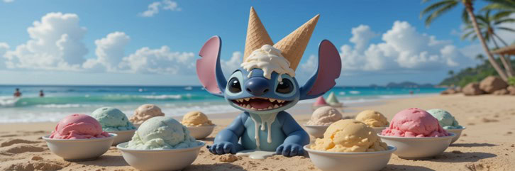 Lilo & Stitch-Inspired Ice Cream Recipes – Aloha From Hawaii To Outer Space Featured Image 637x1920w Stitch on the beach with ice cream on his head Frosted Fusions