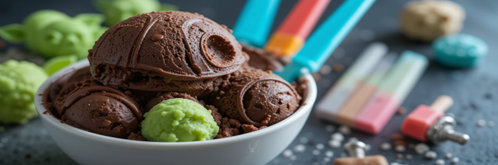 May The Fourth Be With Your Ice Cream Scoops – Join The Frozen Side featured image 637x1920w bowl of dark chocolate ice cream shaped like Dark Star with light sabers and mini Yodas Frosted Fusions