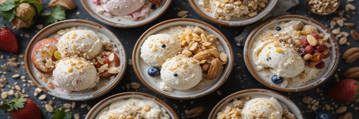 Vegan Desserts - Healthy & Unique Plant-Based Ice Cream Recipes featured image 637x1920w top view of bowl of vegan ice cream garnished with nuts fresh fruit Frosted Fusions