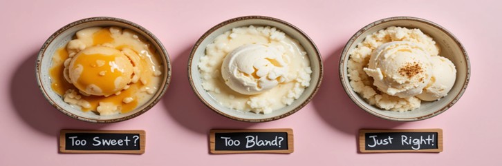 How To Fix Ice Cream That’s Too Sweet (or Not Sweet Enough) Featured Image 637x1920w top view of three bowls of ice cream with too sweet too bland and just right captions Frosted Fusions