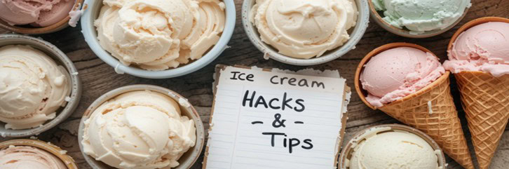 Ninja Creami Hacks & Tips - How To Get The Best Results Every Time Featured image 637x1920w top viw of bowls of ice cream and waffle cones with notepad saying Ice Cream Hacks & Tips Frosted Fusions