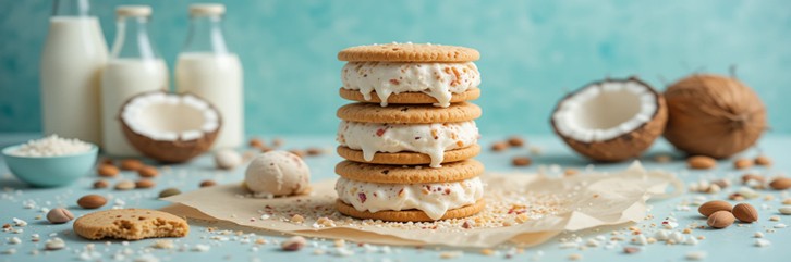 Dairy-Free-Ice-Cream-Sandwiches-–-Cool-Creamy-Completely-Inclusive-featured-image-637x1920w-stack-of-ice-cream-sandwiches-with-coconut-and-almond-milk-and-fresh-almonds-and-coconuts-Frosted-Fusions