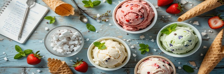 Learn-To-Make-Homemade-Ice-Cream-–-The-Basics-4-Easy-Starter-Recipes-featured-image-637x1920w-top-view-of-different-ice-cream-flavours-note-book-and-fresh-ingredients-Frosted-Fusions