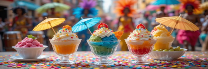 Notting Hill Carnival Recipes - Frozen Treats & Rum Coolers For The Bank Holiday Featured image 637x1920w ice cream in dishes with umbrellas and fresh fruits and parade Frosted Fusions