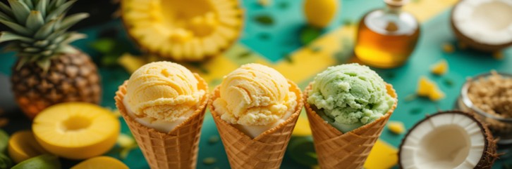 Rum-In-The-Sun-–-Caribbean-Inspired-Ice-Cream-Recipes-Featured-Imaeg-3-ice-cream-cones-with-tropical-background-with-fresh-pineapple-mango-and-coconue-and-a-botlle-of-Rum-Frosted-Fusions