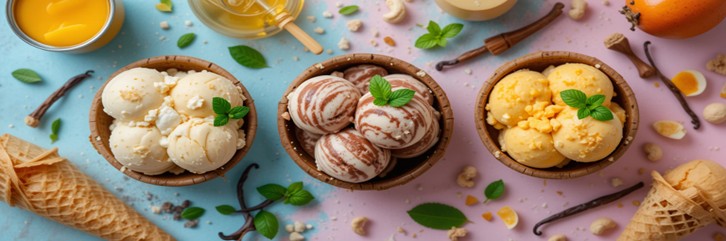 Step-by-Step Guide To Making Creamy Vegan Ice Cream At Home Featured Image top view of 3 bowls of vibrant coloured ice cream with fruits and spices Frosated Fusions