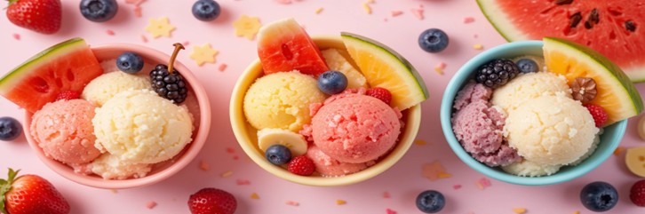How-to-Make-Dairy-Free-Frozen-Treats-For-Toddlers-Featured-Image-top-view-of-3-bowls-of-toddler-friendly-ice-cream-with-fresh-fruits-scattered-Frosted-Fusions
