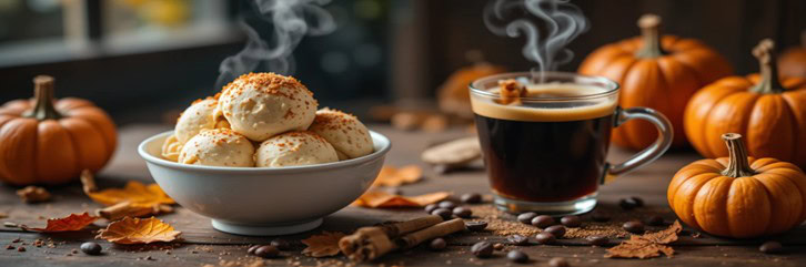 International Coffee Day Treats – Pumpkin Spice & Coffee Ice Cream Recipes Featured Image Bowl of pumpkin spice coffee ice cream with cinnamon sprinkles a steaming espresso with pumpkins coffee beans Frosted Fusions