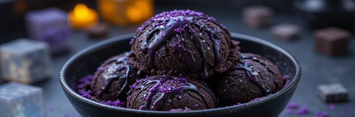 Enderman-Liquorice-Swirl-Ice-Cream-Featured Image-dark-black-cocoa-ice-cream-with-purple-glitter-sauce -Minecraft-inspired-Frosted-Fusions