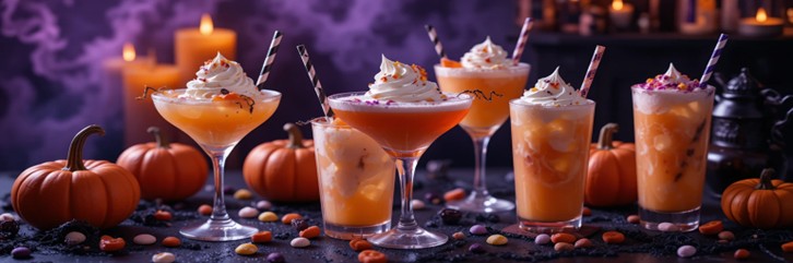 Halloween Ice Cream Cocktails & Mocktails Eerie Sips Tricks and Treats Featured Spooky orange ice cream cocktails topped with whipped cream pumpkins and candy decorations Frosted Fusions
