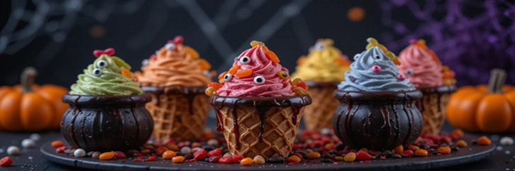 Halloween-Ice-Cream-Treats-Spooky-Scoops-For-Kids-Big-Kids-Too-Featured-Image-Row-of-spooky-monster-cones-and-mini-cauldrons-topped-with-candy-eyes-and-dripping-chocolate-Frosted-Fusions