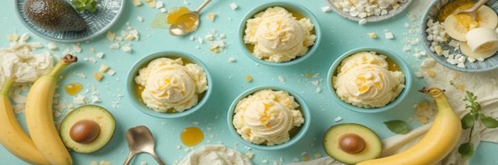 How To Thicken Homemade Ice Cream Naturally Without Eggs Or Stabilisers Featured Image top view of creamy banana and avocado ice cream bowls with honey drizzle Frosted Fusions