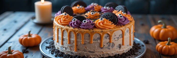 Scarily Easy Halloween Ice Cream Cakes Featured Image Full Halloween ice cream cake with orange and purple buttercream drips topped with Oreos and candy eyes pumpkins Frosted Fusions