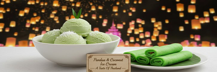 Pandan-Coconut-Ice-Cream-Featured-Image-Bowl-of-green-ice-cream-and-pandan-crepes-with-Thai-lantern-festival-backdrop-Frosted-Fusions