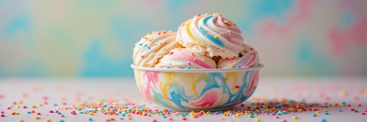 Rainbow-Ripple-Funfetti-Ice-Cream-Featured Image-Marbled-rainbow-ice-cream-scoops-in-colourful-bowl-with-sprinkles-Frosted-Fusions