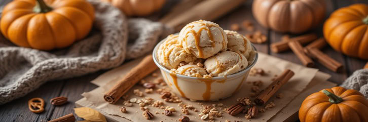 Sugar-and-Spice-and-All-Things-ICE-featured-image-pumpkin-spice-ice-cream-with-caramel-drizzle-pecans-and-cinnamon-sticks-surrounded-by-mini-pumpkins-Frosted-Fusions