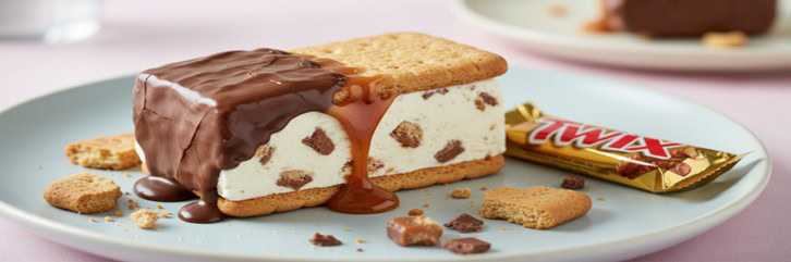 Twix Ice Cream Sandwich A Frozen Twist On A Classic Chocolate Bar Featured Image Twix ice cream sandwich with layered biscuit base oozing caramel and chocolate top Frosted Fusions