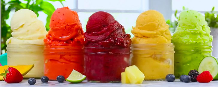 Sorbet - a lighter alternative to ice cream image 4 jpeg 4 brightly coloured sorbets with fresh fruit lined up frosted fusions