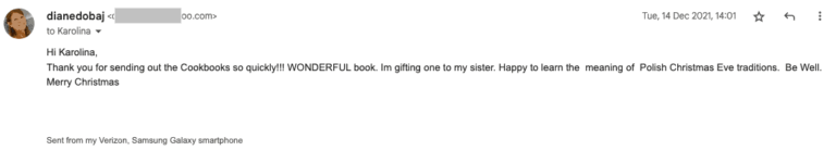Email message expressing gratitude for a cookbook gift and sharing a sibling's appreciation for the Polish Christmas traditions it included, featuring testimonials from delighted users, sent from a Verizon Samsung Galaxy smartphone.