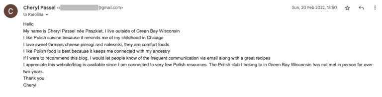 Screenshot of an email from Cheryl Passel, expressing appreciation for a website's polish resources and sharing personal background information, featured in "Testimonials".