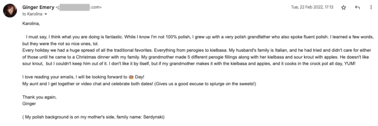 A screenshot of an email from "ginger emery" to "karolina v." expressing appreciation for a pie recipe, sharing personal family traditions, and anticipation for Pi Day, as seen in Test