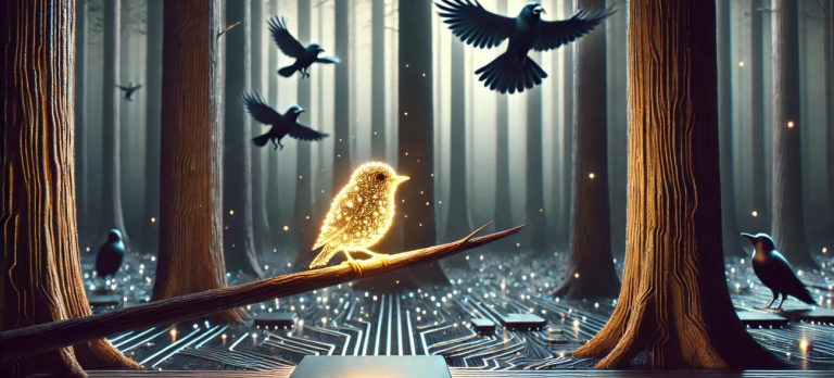 Ein leuchtender Spatz sitzt auf einem Ast in einem digitalen Wald, umgeben von dunklen Krähen, die Cybermobbing symbolisieren. Der Wald besteht aus leuchtenden digitalen Strukturen, und der Spatz ist von einem schützenden Licht umgeben.