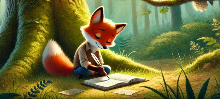 Felix, der Fuchs, sitzt unter einem Baum und schreibt in seinem Tagebuch.