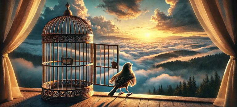Der Vogel Valentin steht auf dem Fensterbrett neben der offenen Käfigtür und schaut zum Sonnenuntergang am Horizont.