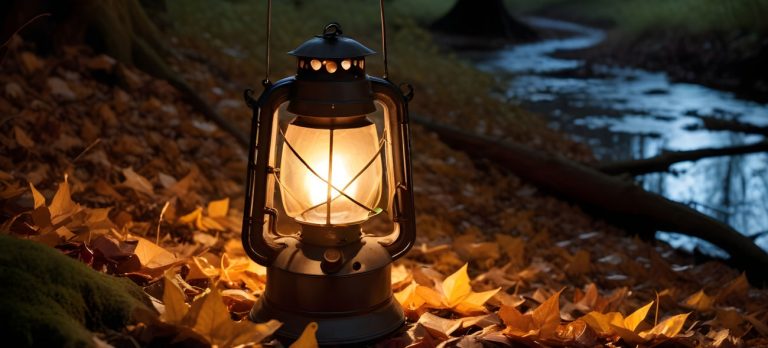 Eine Laterne, die im Herbstwald auf einem Bett aus buntem Laub leuchtet, als Sinnbild für Lebensmut und das Licht, das den Weg in dunklen Zeiten weist.