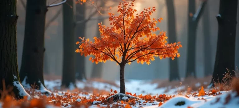 Ein kleiner Laubbaum mit orangefarbenem Herbstlaub steht in einem verschneiten Wald, umgeben von weichem Licht: Zeit für einen Neuanfang!