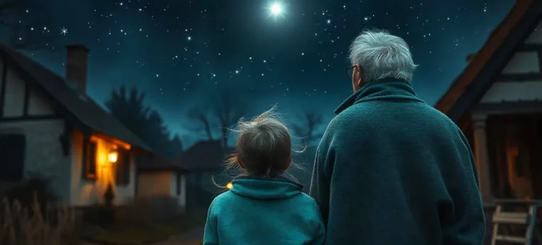 Ein alter Uhrmacher und ein kleines Mädchen stehen unter einem klaren Sternenhimmel, während der Weihnachtsstern in der Weihnachtsgeschichte als Symbol der Hoffnung erstrahlt.