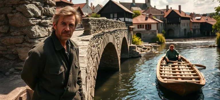 Ein Mann steht nachdenklich auf einer Steinbrücke, während im Hintergrund ein anderer mit einem Floß über den Fluss fährt.