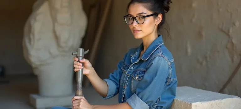 Junge Bildhauerin mit Meißel in der Hand, entschlossen, ihr Kunstwerk zu vollenden – ein Symbol für Beharrlichkeit.