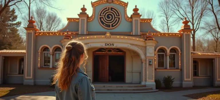 Eine Frau steht vor einem Jahrmarkt-Labyrinth mit leuchtenden Verzierungen und überlegt, ob sie hier Antworten zur richtigen Zielsetzung findet.