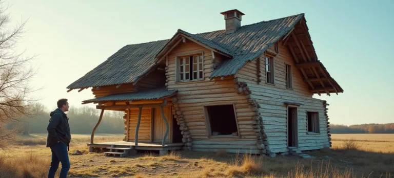 Harry steht nachdenklich vor seinem alten, schiefen Holzhaus. Eine Metapher für festgefahrene Glaubenssätze, die auf wackligem Fundament ruhen.