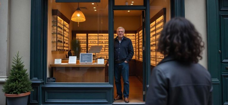 Frau mit braunen Locken steht von hinten vor einem alten Brillengeschäft und schaut ins Schaufenster, symbolisiert den Einfluss von kognitiven Verzerrungen auf die Wahrnehmung.