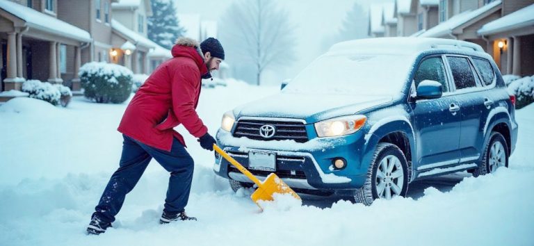 Ein Mann befreit sein Auto im Jahrhundertwinter vom Schnee.