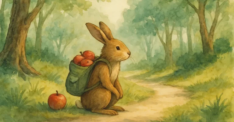 Der braune Hase Hajo sitzt auf einem Waldweg und möchte seine Wut loswerden. Auf seinem Rücken trägt er einen grünen Rucksack, aus dem mehrere rote Äpfel herausschauen. Neben ihm liegt ein einzelner Apfel auf dem Boden. Das Bild ist in sanften Aquarellfarben gemalt und zeigt eine friedliche Waldszene mit weichem Licht zwischen den Bäumen.