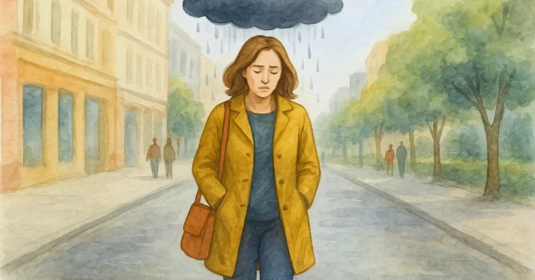 Aquarellillustration einer Frau, die durch eine helle Stadtstra&szlig;e l&auml;uft, w&auml;hrend eine dunkle Regenwolke nur &uuml;ber ihr h&auml;ngt &ndash; ein Symbol daf&uuml;r, wie belastend toxische Menschen sein k&ouml;nnen.