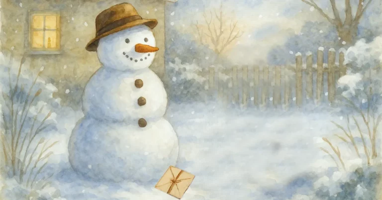 Aquarellillustration eines Schneemanns mit einem Brief des M&auml;dchens vor sich im Schnee. Ein Symbol daf&uuml;r, wie wir Abschiede annehmen und erkennen, dass manche Verbindungen bleiben, selbst wenn ihre Form vergeht.