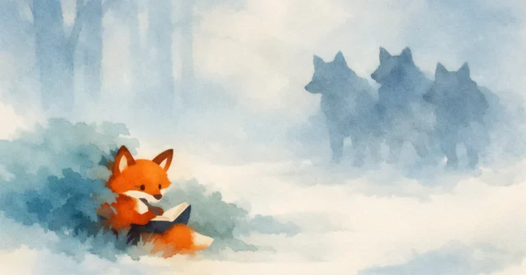 Aquarellillustration eines kleinen Fuchses, der sich ruhig hinter einem Busch aufh&auml;lt, w&auml;hrend im Hintergrund schemenhafte Wolfsschatten auftauchen. Symbolisches Bild f&uuml;r Mobbing bei Kindern, innere St&auml;rke und den stillen Umgang mit Bedrohung.