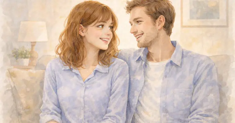 Aquarellbild eines Paares, das gemeinsam auf einem Sofa sitzt und sich ruhig anl&auml;chelt, die weichen Formen und harmonischen Farben stehen f&uuml;r N&auml;he, Vertrauen und gelingende Beziehungen und Partnerschaft in einer hellen, freundlichen Wohnumgebung.