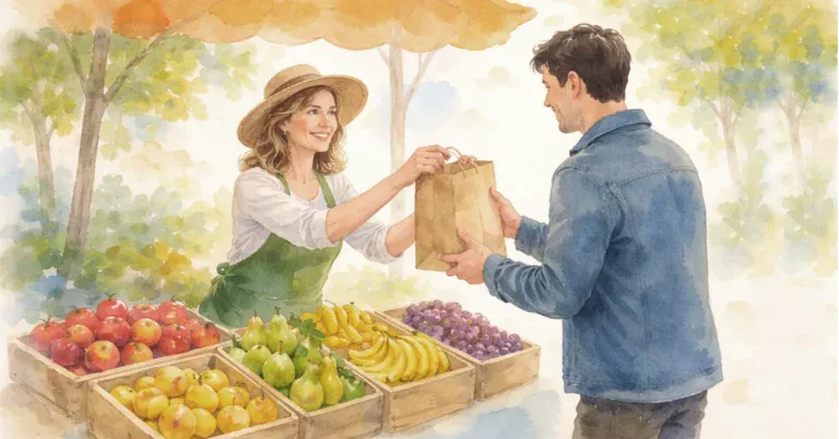Aquarellszene eines ruhigen Fr&uuml;hlingsmarkts: Eine Verk&auml;uferin &uuml;berreicht einem Mann eine geschlossene Papiert&uuml;te mit Obst, reduzierte Formen und weiche Farbfl&auml;chen. Sinnbild f&uuml;r Authentizit&auml;t bei der Partnersuche.