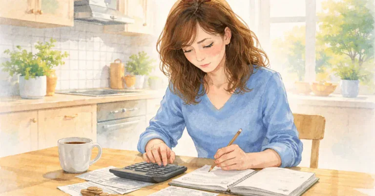 Aquarellbild einer Frau, die in einer hellen K&uuml;che am Tisch sitzt und mit Taschenrechner und Unterlagen arbeitet, die ruhige Szene zeigt Geldsorgen und den bewussten Umgang mit Finanzen als Schritt in Richtung Finanzbildung.