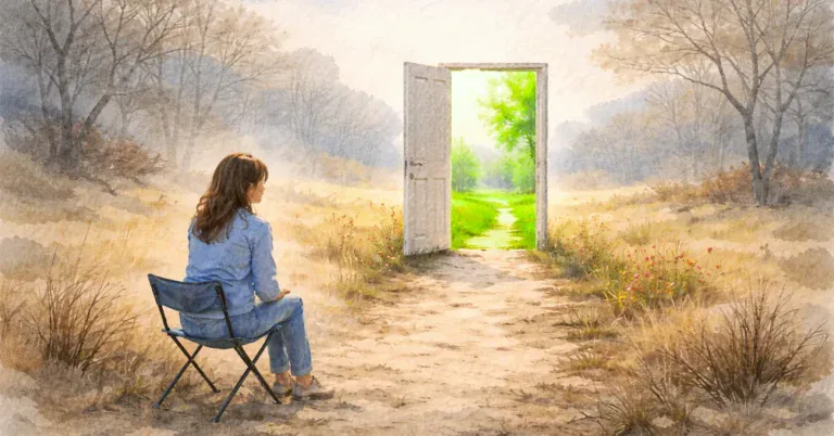 Aquarellbild einer Frau auf einem Klappstuhl an einem kargen Feldweg, vor ihr eine ge&ouml;ffnete T&uuml;r, durch die eine gr&uuml;ne, bl&uuml;hende Landschaft sichtbar wird, das ruhige Bild steht symbolisch f&uuml;r Neubeginn und neue M&ouml;glichkeiten.