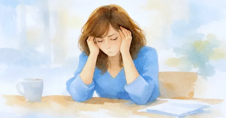 Aquarellbild einer Frau, die am Tisch sitzt und den Kopf in die H&auml;nde st&uuml;tzt, ihr Gesicht ist ruhig und nach unten gerichtet, die Szene wirkt hell und reduziert und vermittelt &Uuml;berforderung in einer stillen, freundlichen Umgebung.